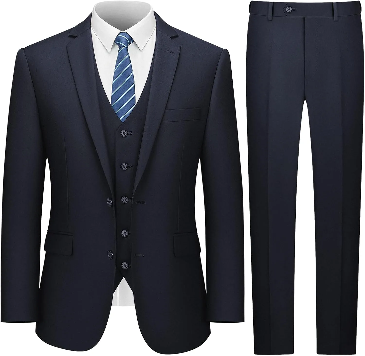 LUPURTY Men's Suits Slim Fit, 3 Piece Suits for Men, 2 Buttons Solid Jacket Vest Pants, Tuxedo Set for Business, Wedding