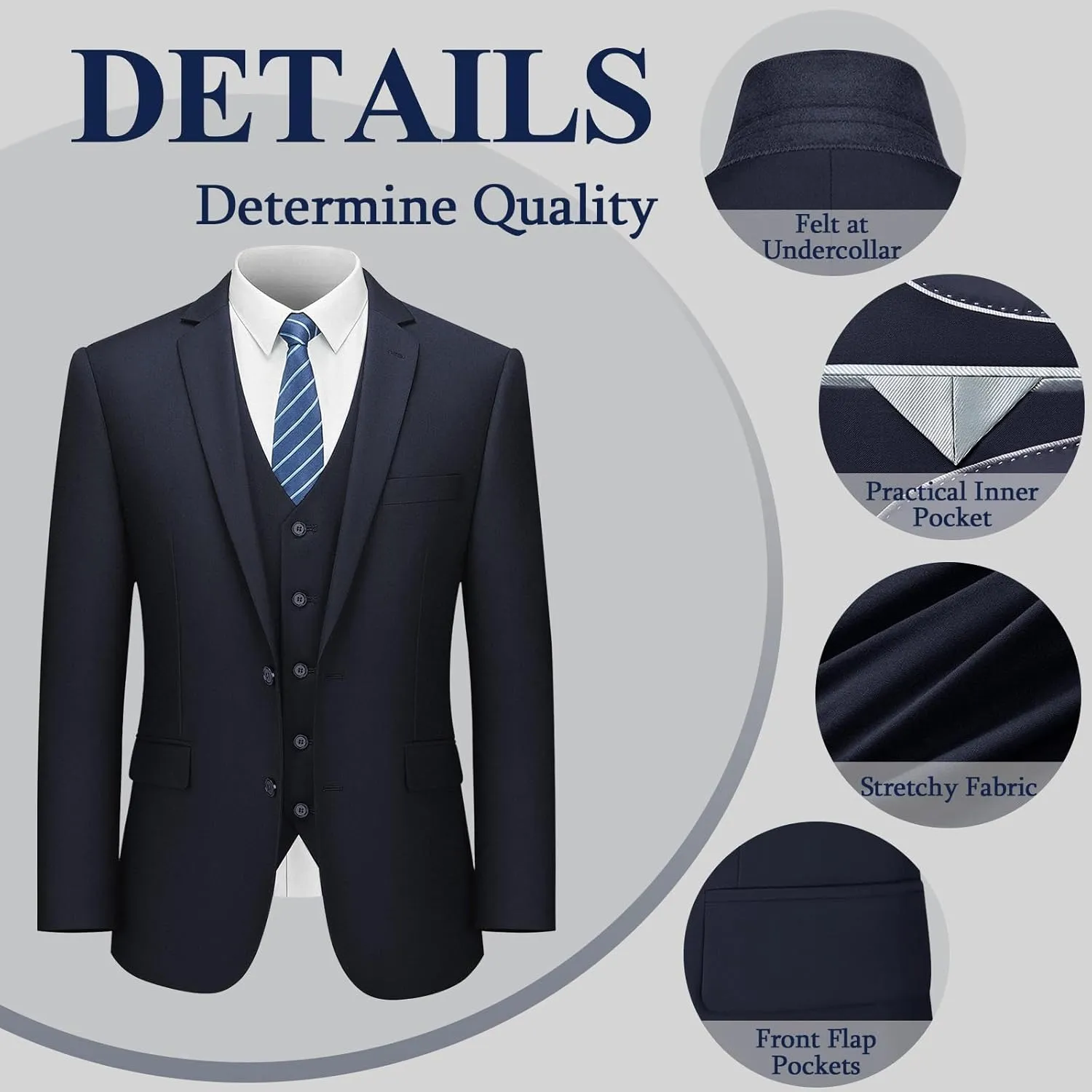LUPURTY Men's Suits Slim Fit, 3 Piece Suits for Men, 2 Buttons Solid Jacket Vest Pants, Tuxedo Set for Business, Wedding