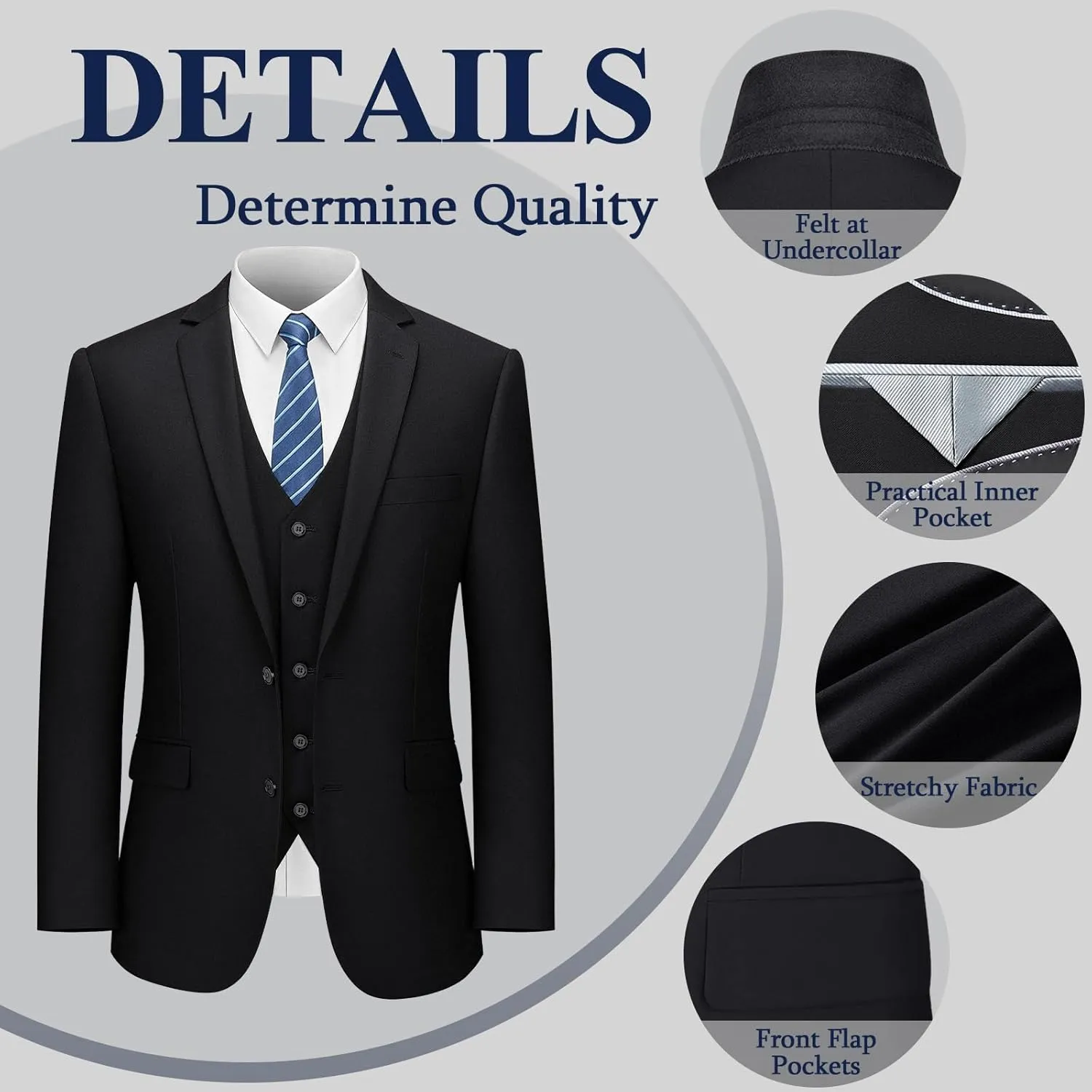 LUPURTY Men's Suits Slim Fit, 3 Piece Suits for Men, 2 Buttons Solid Jacket Vest Pants, Tuxedo Set for Business, Wedding