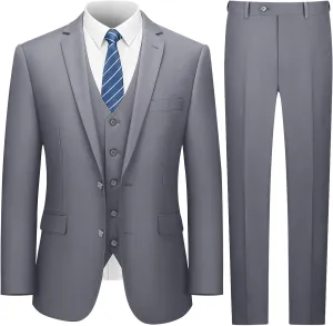 LUPURTY Men's Suits Slim Fit, 3 Piece Suits for Men, 2 Buttons Solid Jacket Vest Pants, Tuxedo Set for Business, Wedding