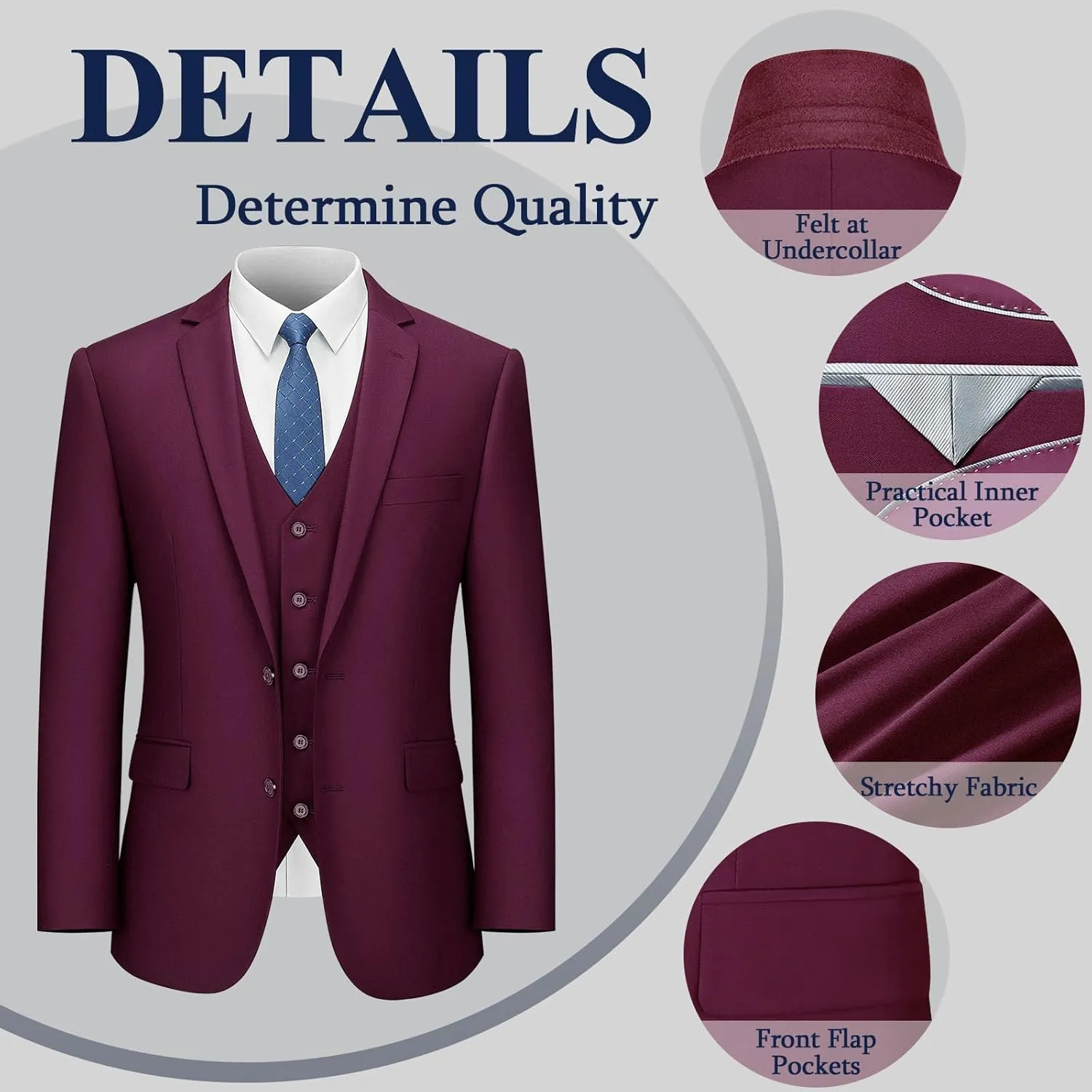 LUPURTY Men's Suits Slim Fit, 3 Piece Suits for Men, 2 Buttons Solid Jacket Vest Pants, Tuxedo Set for Business, Wedding