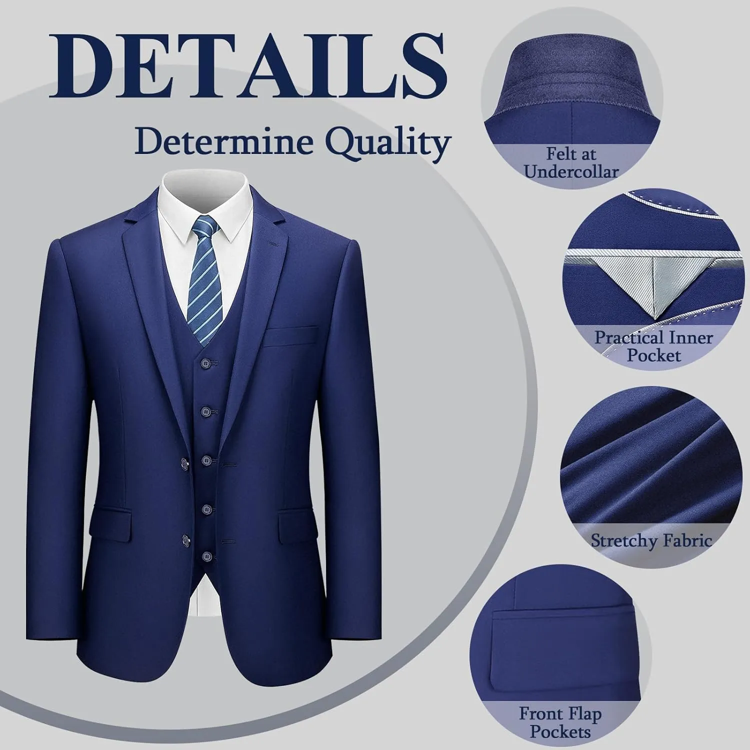 LUPURTY Men's Suits Slim Fit, 3 Piece Suits for Men, 2 Buttons Solid Jacket Vest Pants, Tuxedo Set for Business, Wedding
