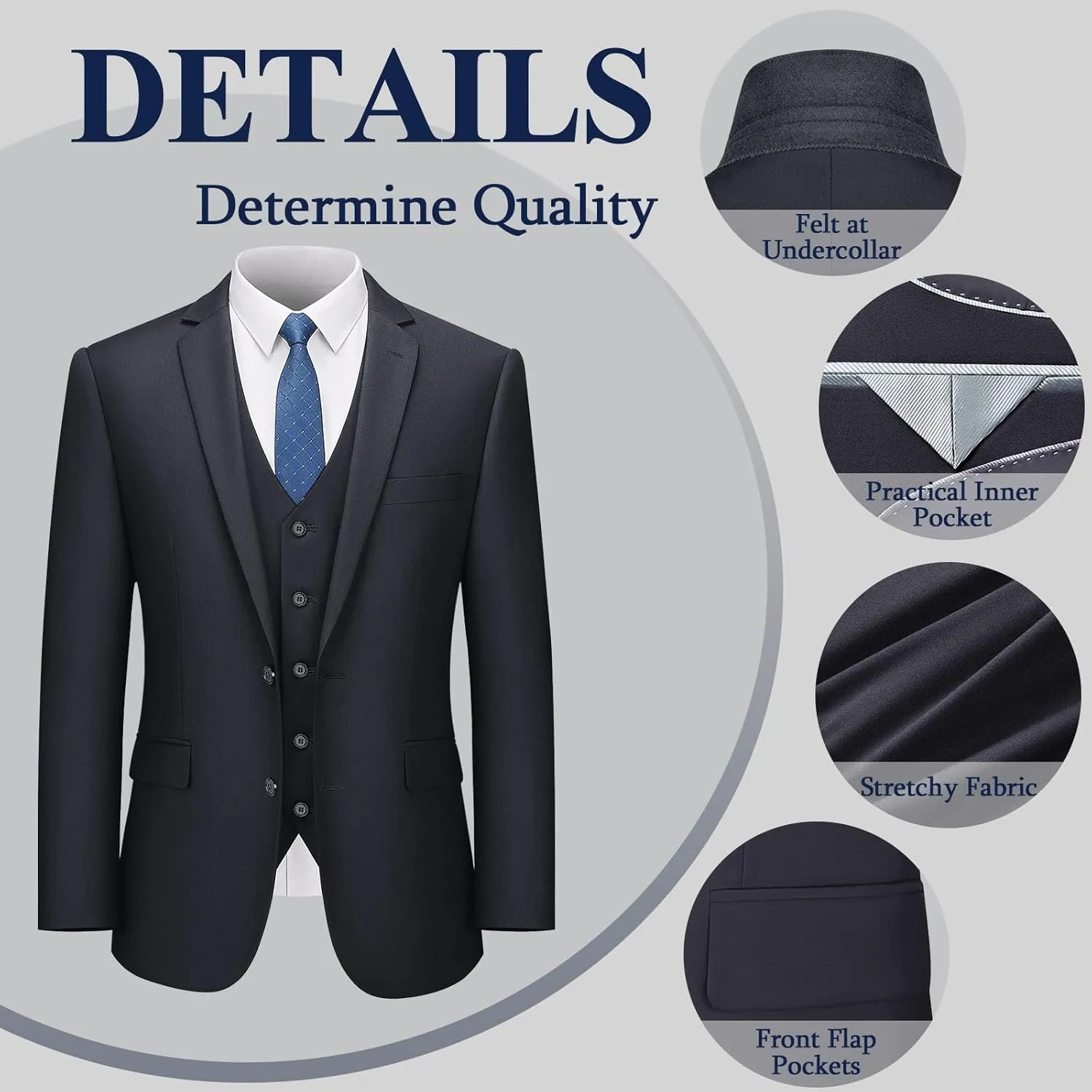 LUPURTY Men's Suits Slim Fit, 3 Piece Suits for Men, 2 Buttons Solid Jacket Vest Pants, Tuxedo Set for Business, Wedding