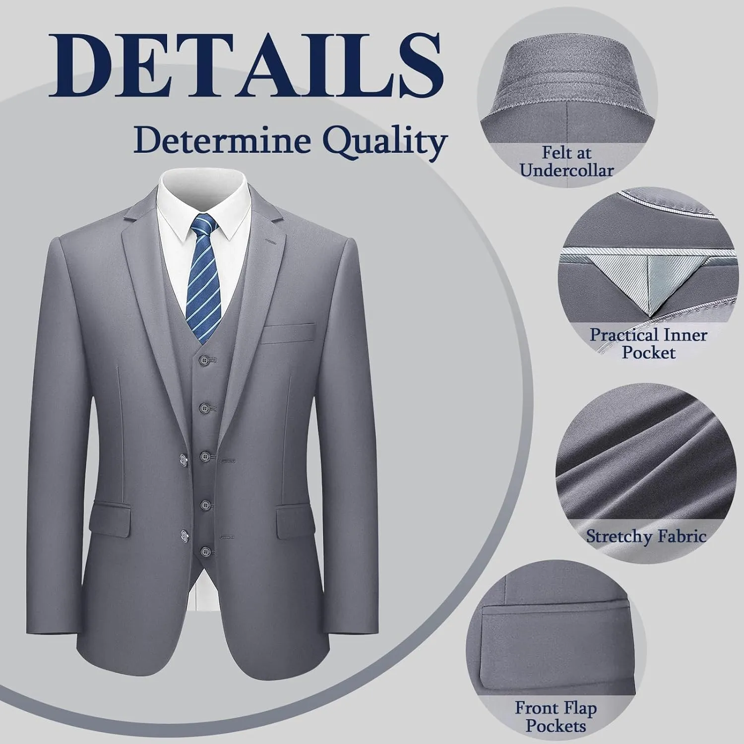 LUPURTY Men's Suits Slim Fit, 3 Piece Suits for Men, 2 Buttons Solid Jacket Vest Pants, Tuxedo Set for Business, Wedding