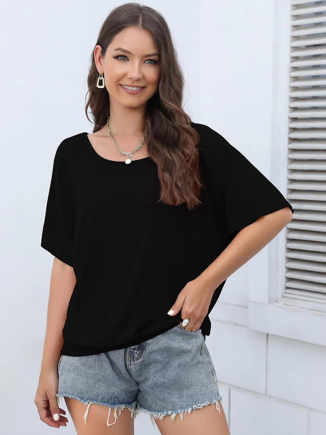 Lyrur Women's Short Sleeve Boat Neck Knit Loose Fit Tops 2025 Summer Basic Casual T Shirt Blouse with Banded Bottom