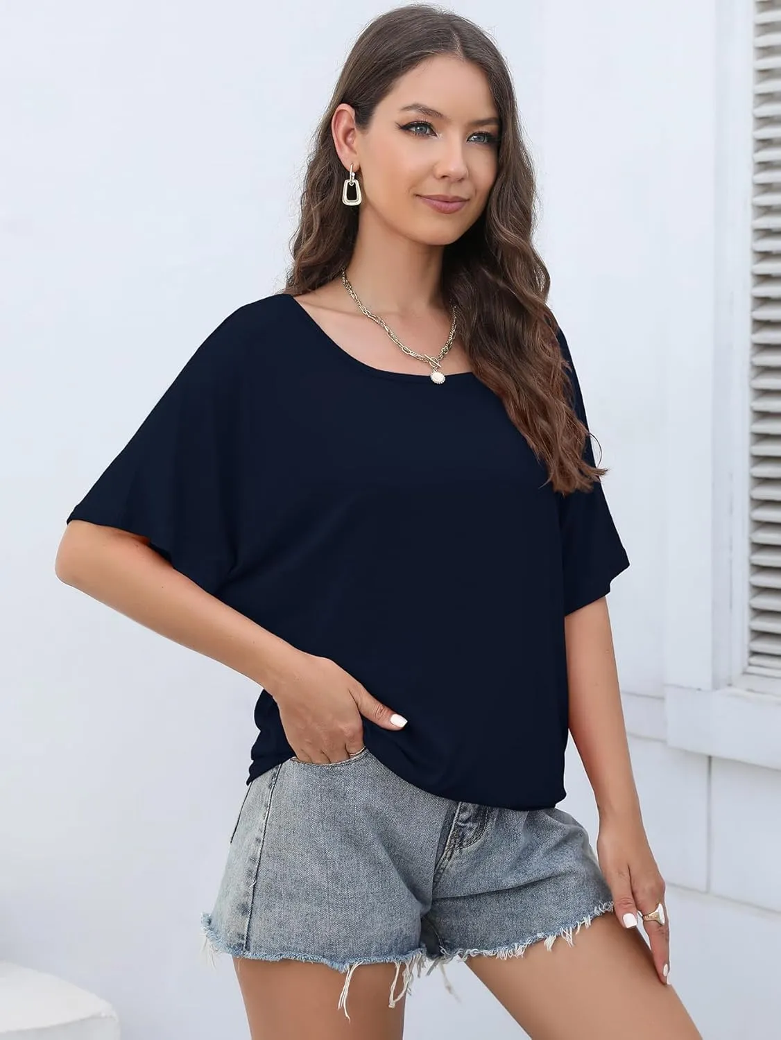 Lyrur Women's Short Sleeve Boat Neck Knit Loose Fit Tops 2025 Summer Basic Casual T Shirt Blouse with Banded Bottom