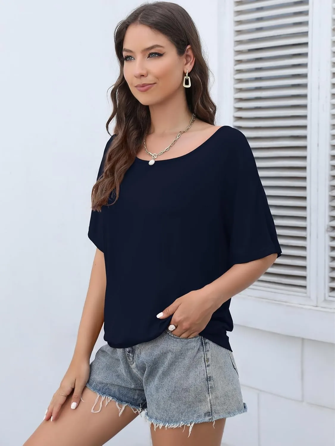 Lyrur Women's Short Sleeve Boat Neck Knit Loose Fit Tops 2025 Summer Basic Casual T Shirt Blouse with Banded Bottom