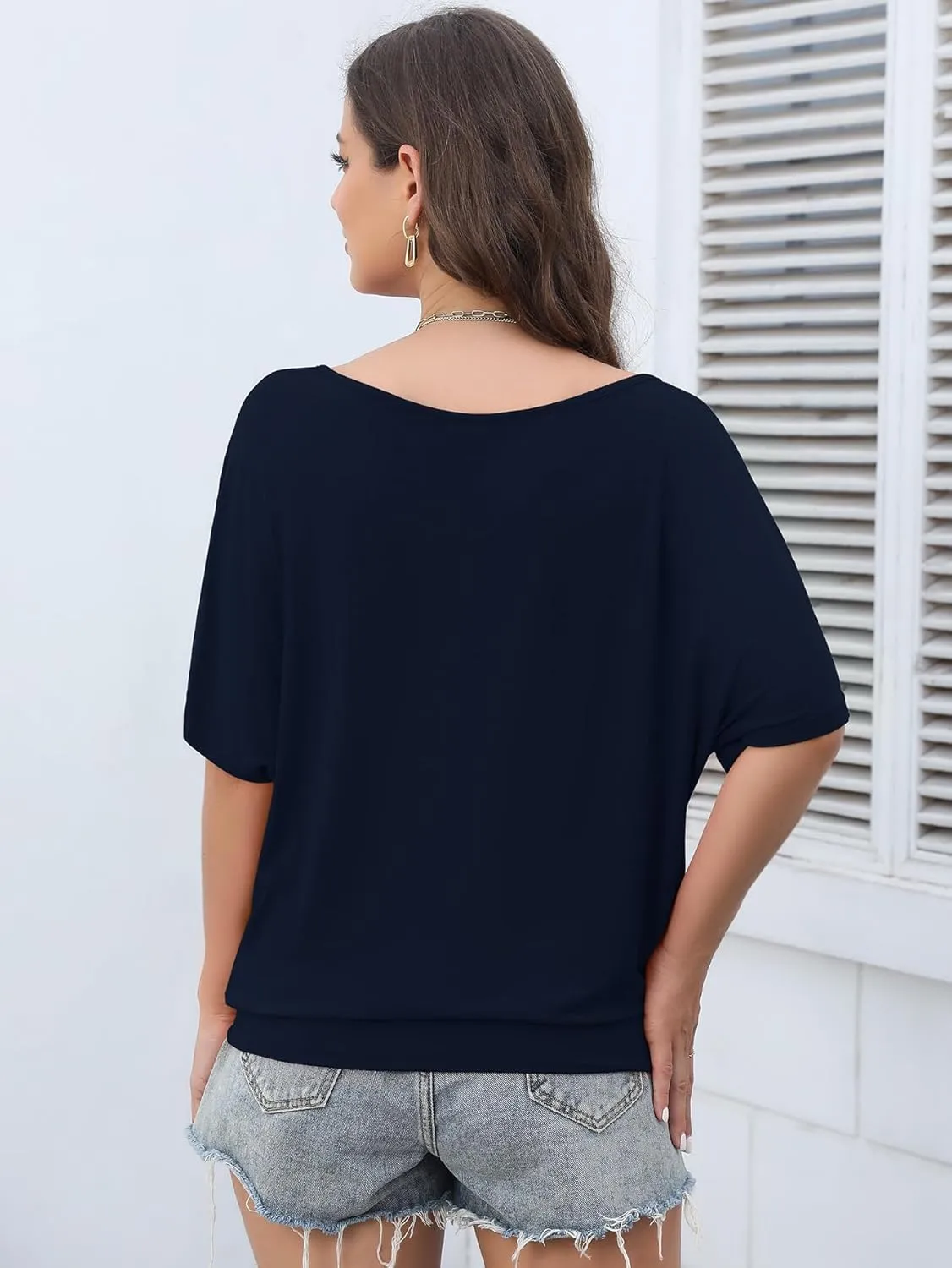 Lyrur Women's Short Sleeve Boat Neck Knit Loose Fit Tops 2025 Summer Basic Casual T Shirt Blouse with Banded Bottom