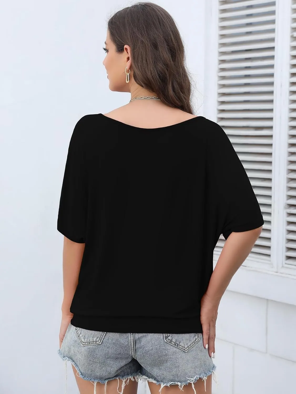 Lyrur Women's Short Sleeve Boat Neck Knit Loose Fit Tops 2025 Summer Basic Casual T Shirt Blouse with Banded Bottom