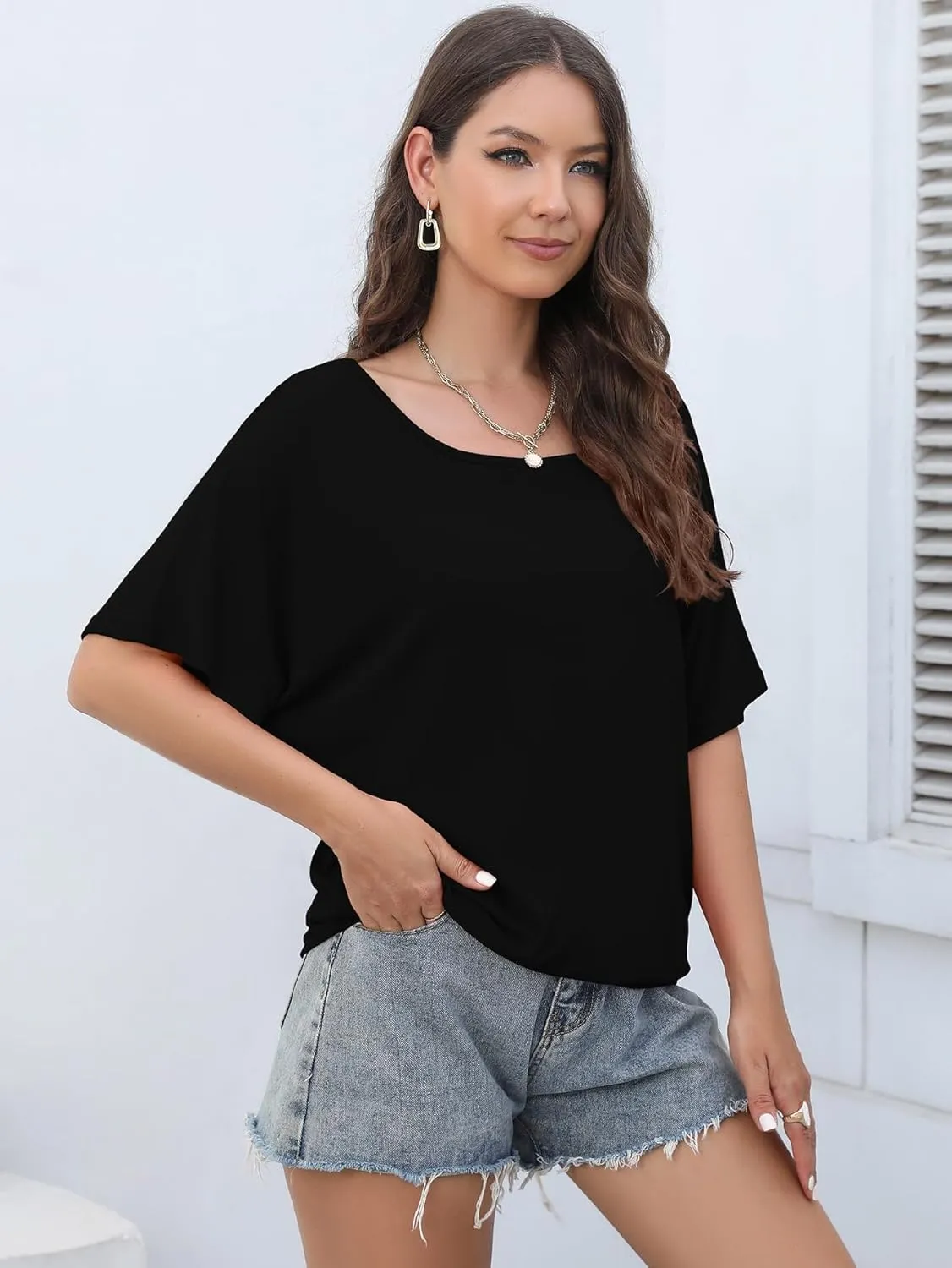 Lyrur Women's Short Sleeve Boat Neck Knit Loose Fit Tops 2025 Summer Basic Casual T Shirt Blouse with Banded Bottom