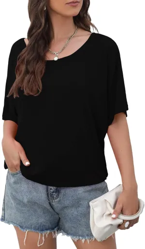 Lyrur Women's Short Sleeve Boat Neck Knit Loose Fit Tops 2025 Summer Basic Casual T Shirt Blouse with Banded Bottom