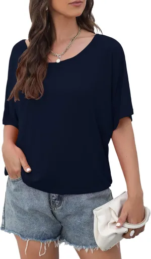 Lyrur Women's Short Sleeve Boat Neck Knit Loose Fit Tops 2025 Summer Basic Casual T Shirt Blouse with Banded Bottom