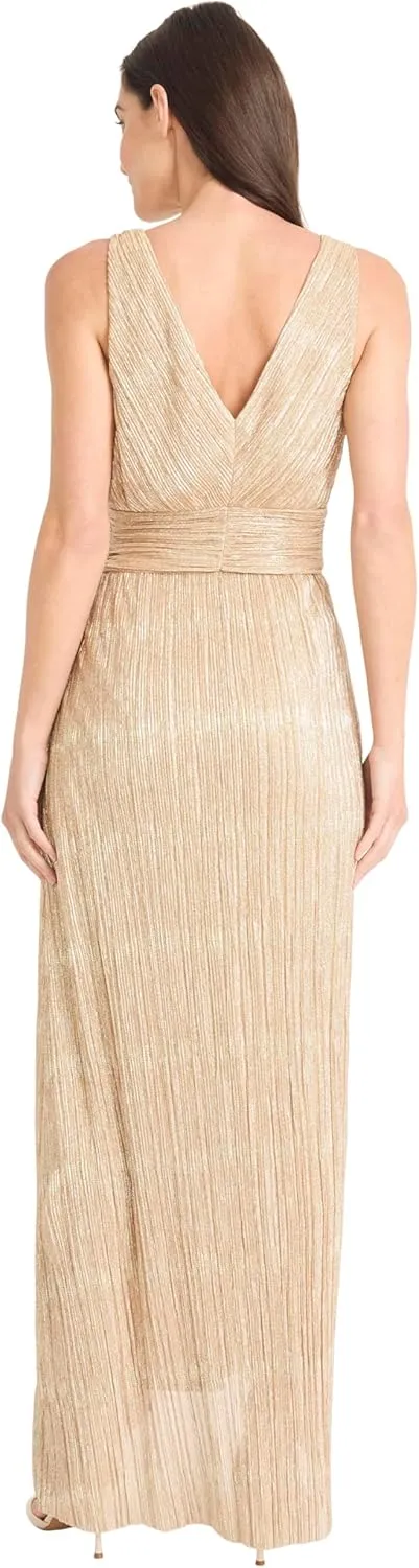 Maggy London Women's Textured Metallic Pleated Formal Maxi Dress with Wrapped Waistband and Side Slit-Sleeveless Evening Gown