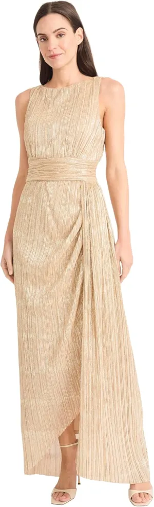 Maggy London Women's Textured Metallic Pleated Formal Maxi Dress with Wrapped Waistband and Side Slit-Sleeveless Evening Gown