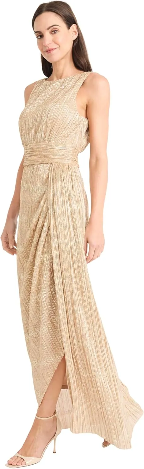 Maggy London Women's Textured Metallic Pleated Formal Maxi Dress with Wrapped Waistband and Side Slit-Sleeveless Evening Gown