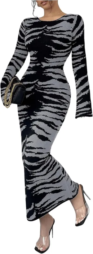 MakeMeChic Women's Leopard Print Sweater Dress Bell Sleeve Lace Up Bodycon Maxi Dresses