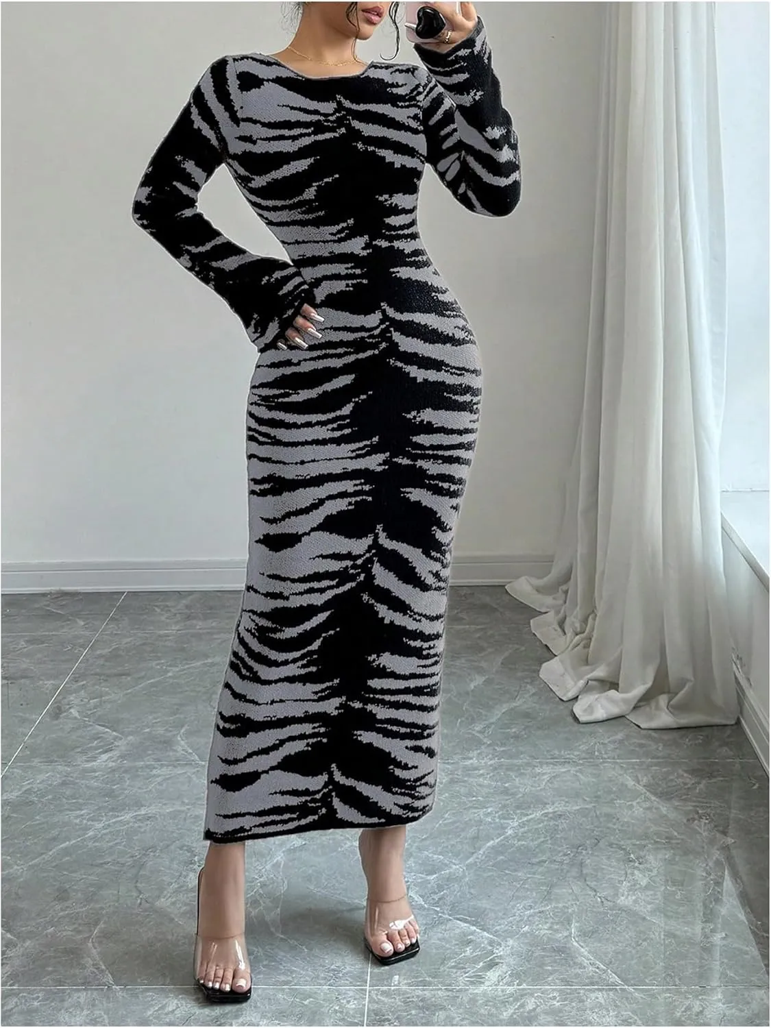 MakeMeChic Women's Leopard Print Sweater Dress Bell Sleeve Lace Up Bodycon Maxi Dresses