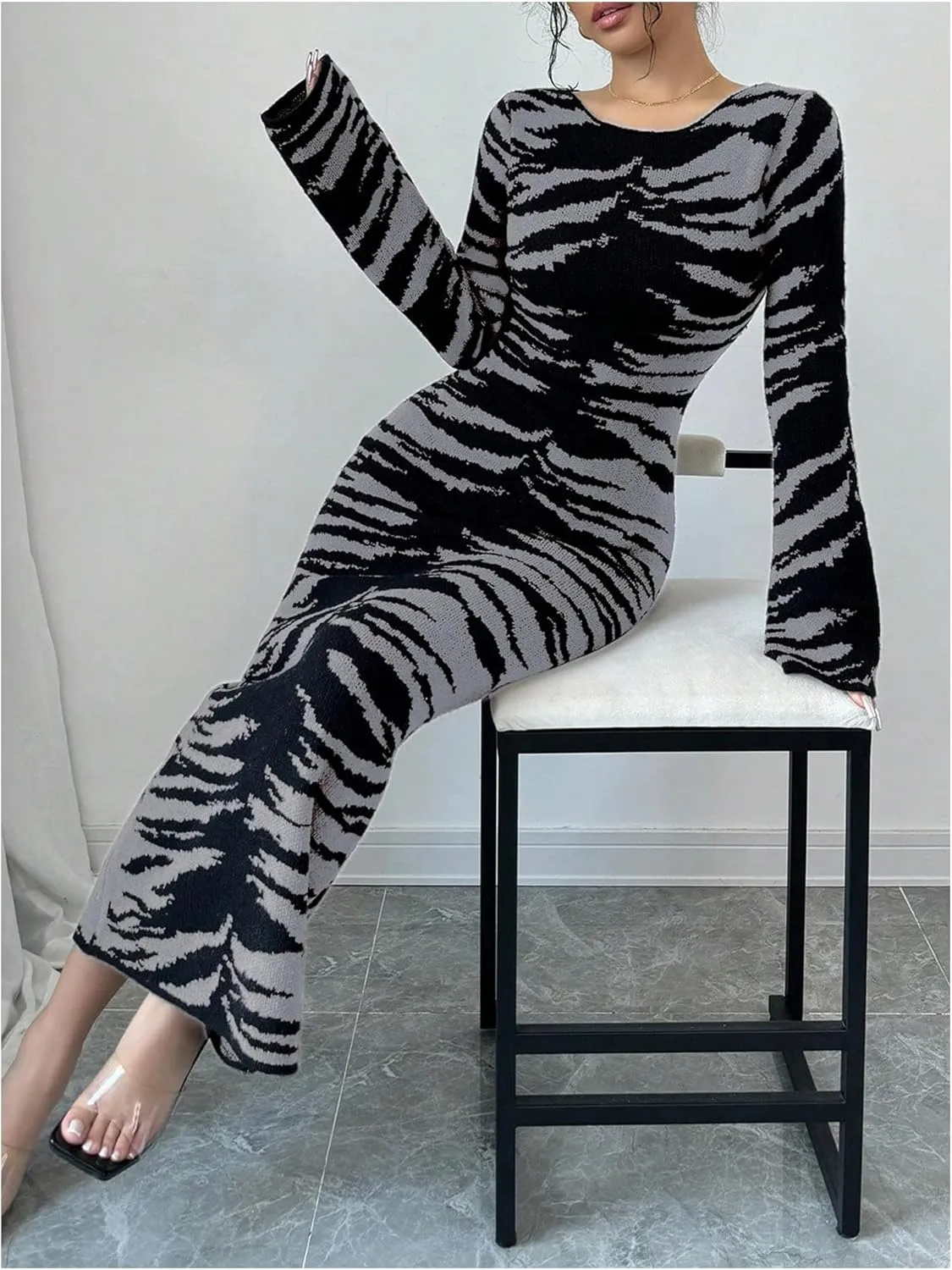 MakeMeChic Women's Leopard Print Sweater Dress Bell Sleeve Lace Up Bodycon Maxi Dresses