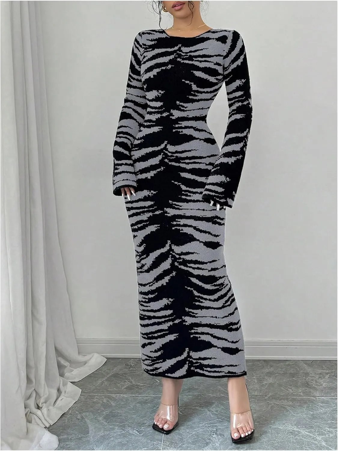 MakeMeChic Women's Leopard Print Sweater Dress Bell Sleeve Lace Up Bodycon Maxi Dresses