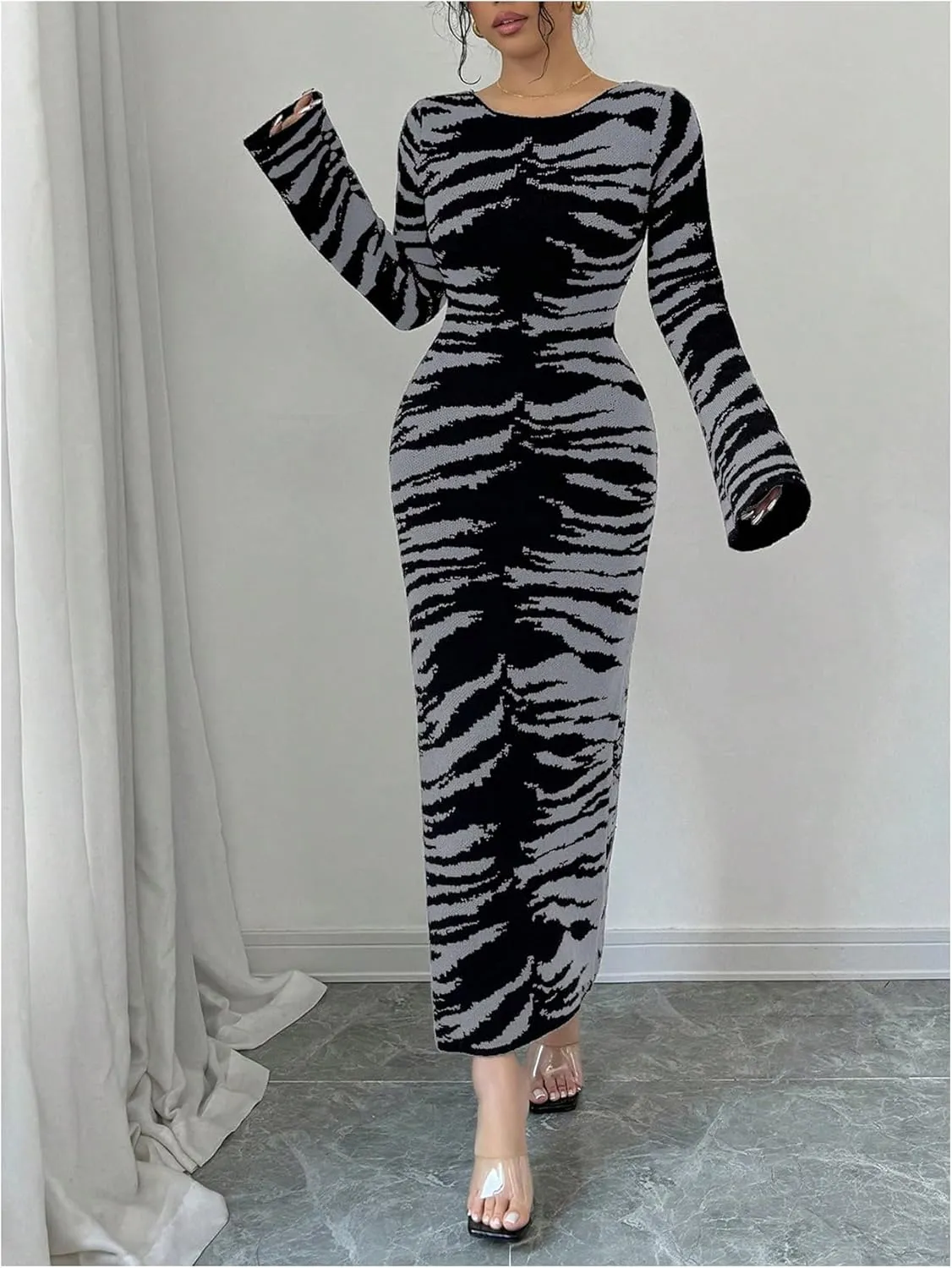 MakeMeChic Women's Leopard Print Sweater Dress Bell Sleeve Lace Up Bodycon Maxi Dresses
