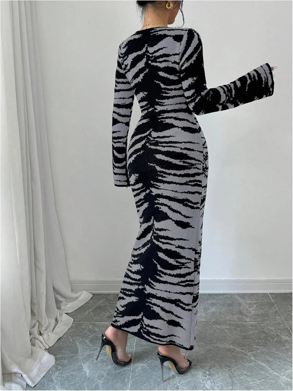 MakeMeChic Women's Leopard Print Sweater Dress Bell Sleeve Lace Up Bodycon Maxi Dresses