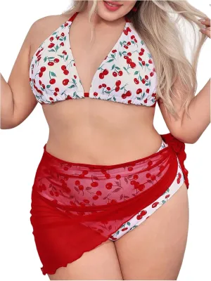 MakeMeChic Women's Plus Size 3 Piece Bikini Set Cherry Halter Triangle Backless Bathing Suit with Cover Up Skirt