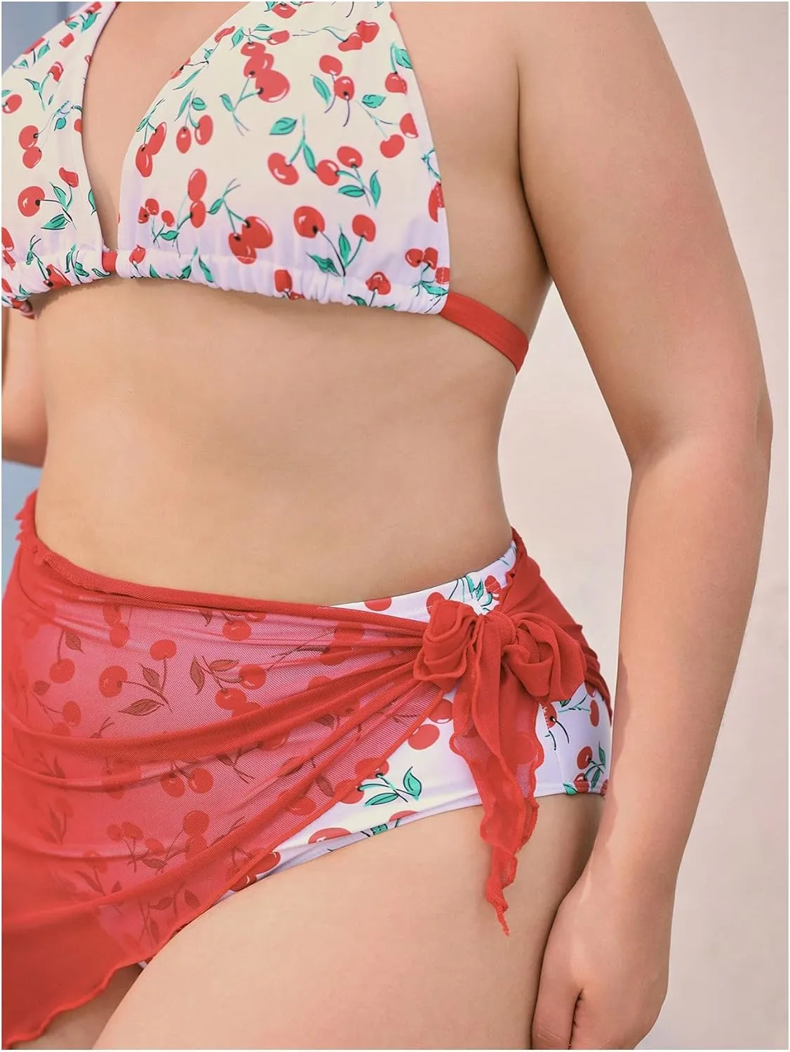 MakeMeChic Women's Plus Size 3 Piece Bikini Set Cherry Halter Triangle Backless Bathing Suit with Cover Up Skirt