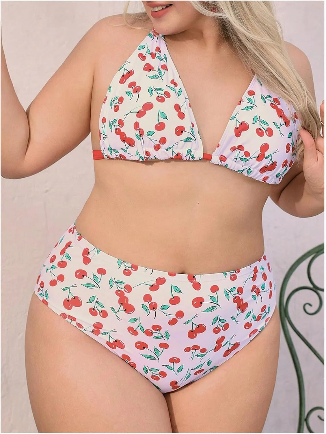 MakeMeChic Women's Plus Size 3 Piece Bikini Set Cherry Halter Triangle Backless Bathing Suit with Cover Up Skirt