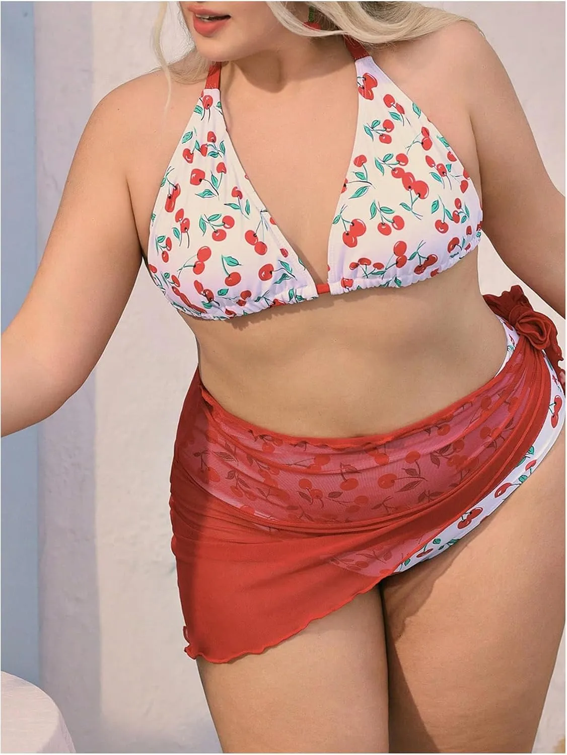 MakeMeChic Women's Plus Size 3 Piece Bikini Set Cherry Halter Triangle Backless Bathing Suit with Cover Up Skirt