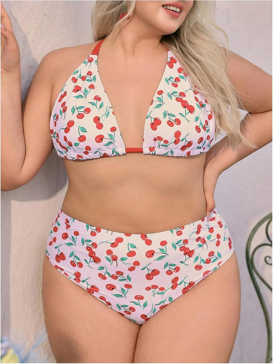 MakeMeChic Women's Plus Size 3 Piece Bikini Set Cherry Halter Triangle Backless Bathing Suit with Cover Up Skirt