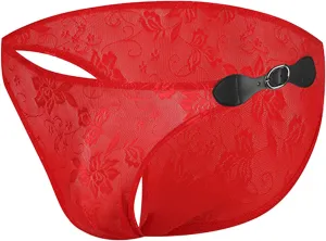 Male Lace Bikini Opening Sexy Transparent Jacquard Trendy Men's Leather Buckle Triangle Underwear Design