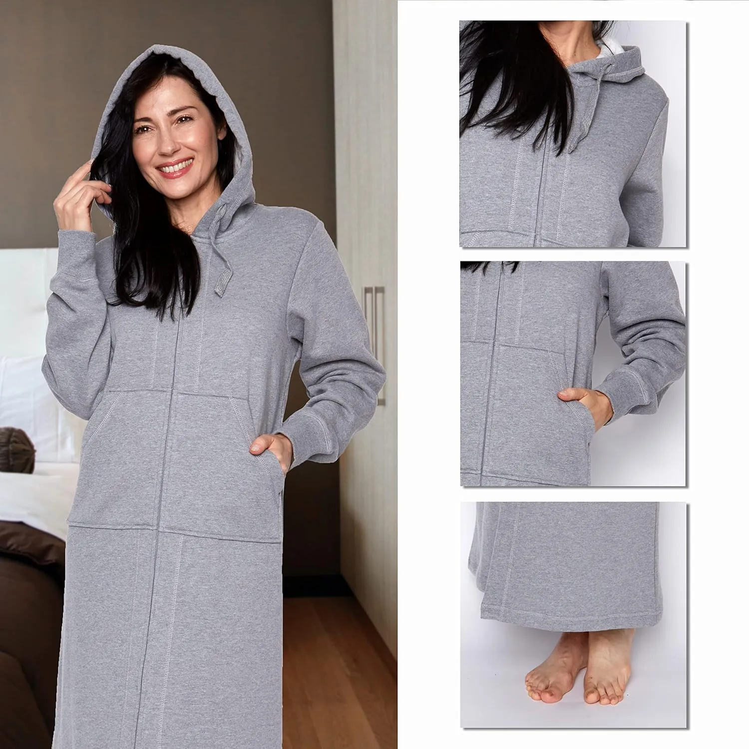 Mansfield, KayAnna Full-Length Zip-Up Hooded Loungewear Sweatshirt, Relaxed Fit Wearable Blanket, Grey