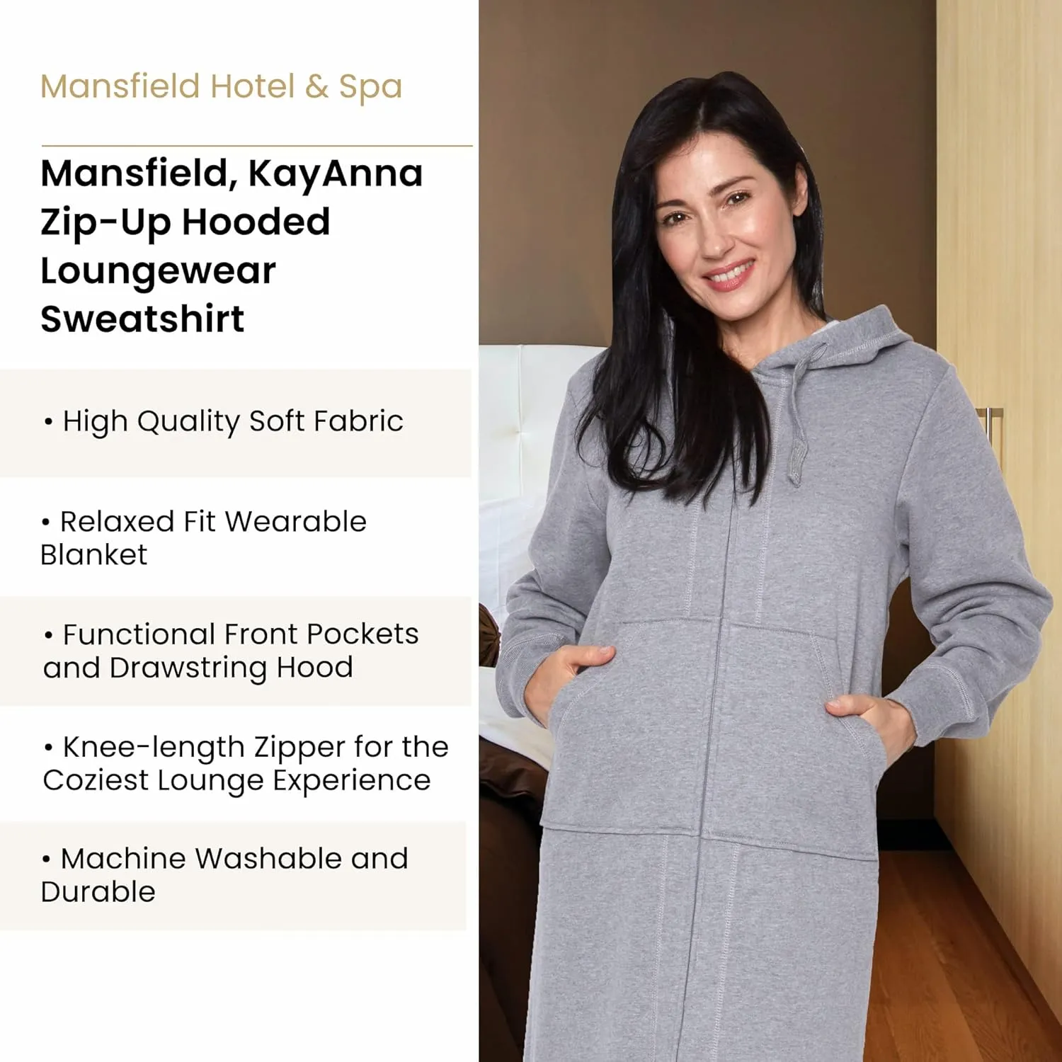 Mansfield, KayAnna Full-Length Zip-Up Hooded Loungewear Sweatshirt, Relaxed Fit Wearable Blanket, Grey