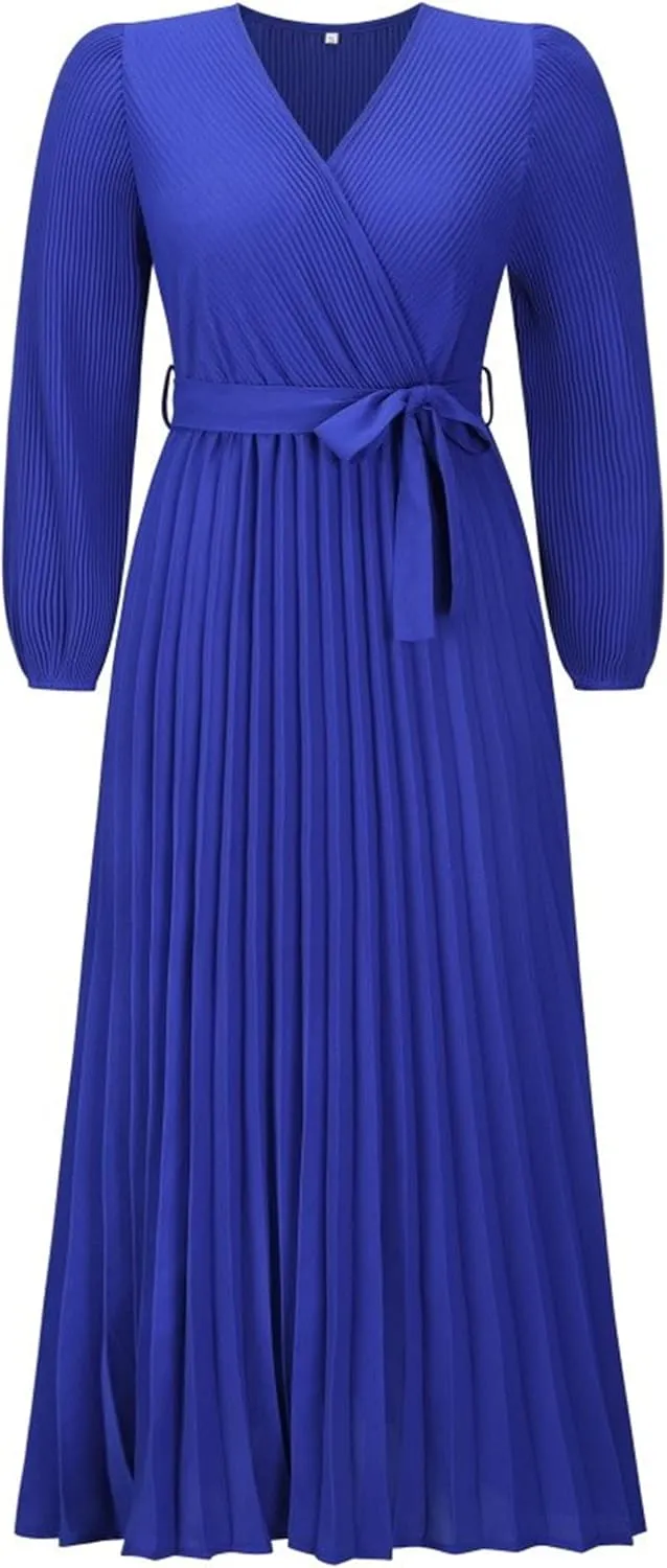 Mansy Women's Elegant Wrap V Neck Lantern Sleeve Bulted Pleated Flowy Maxi Long Dress