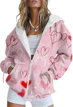 MARSVOVO Valentines Day Cute Love Heart Womens Zip Up Hoodie Fashion Casual Ladies Jacket Long Sleeve Hooded Sweatshirts