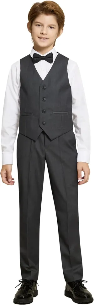 Marvelous World Boys' 5-Piece Formal Vest Suit Set, Vest, Pants, Dress Shirt, Tie and Bowtie