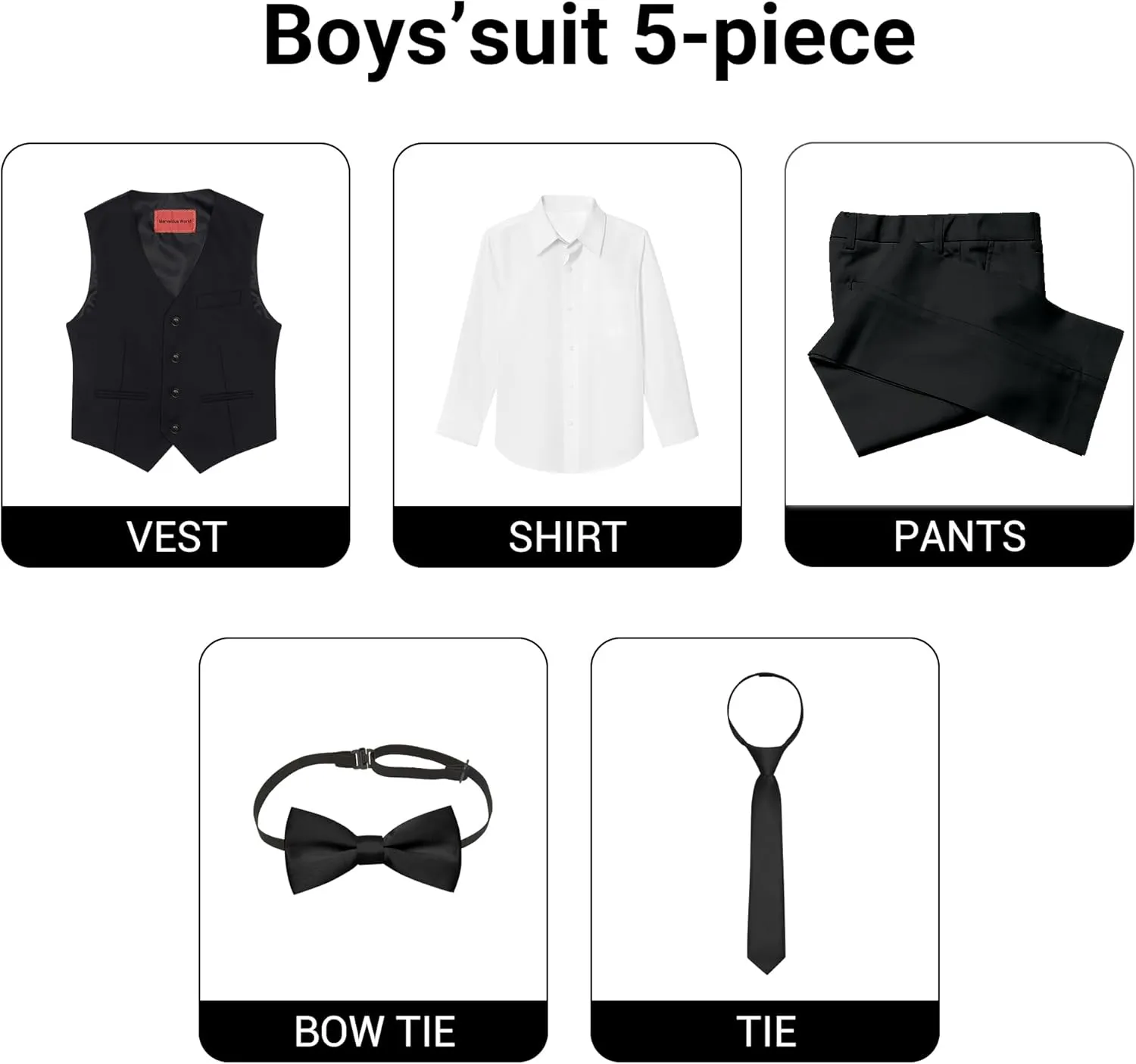 Marvelous World Boys' 5-Piece Formal Vest Suit Set, Vest, Pants, Dress Shirt, Tie and Bowtie