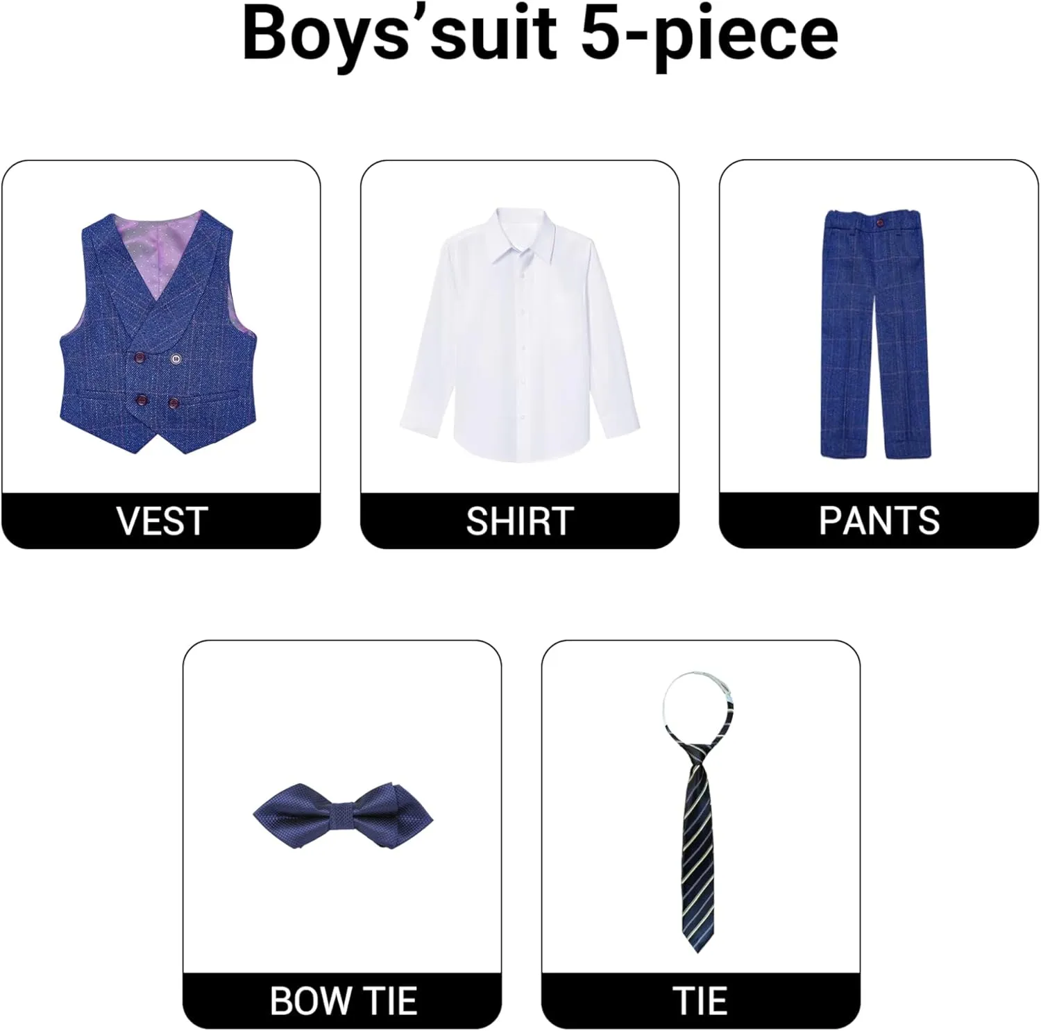 Marvelous World Boys' 5-Piece Formal Vest Suit Set, Vest, Pants, Dress Shirt, Tie and Bowtie