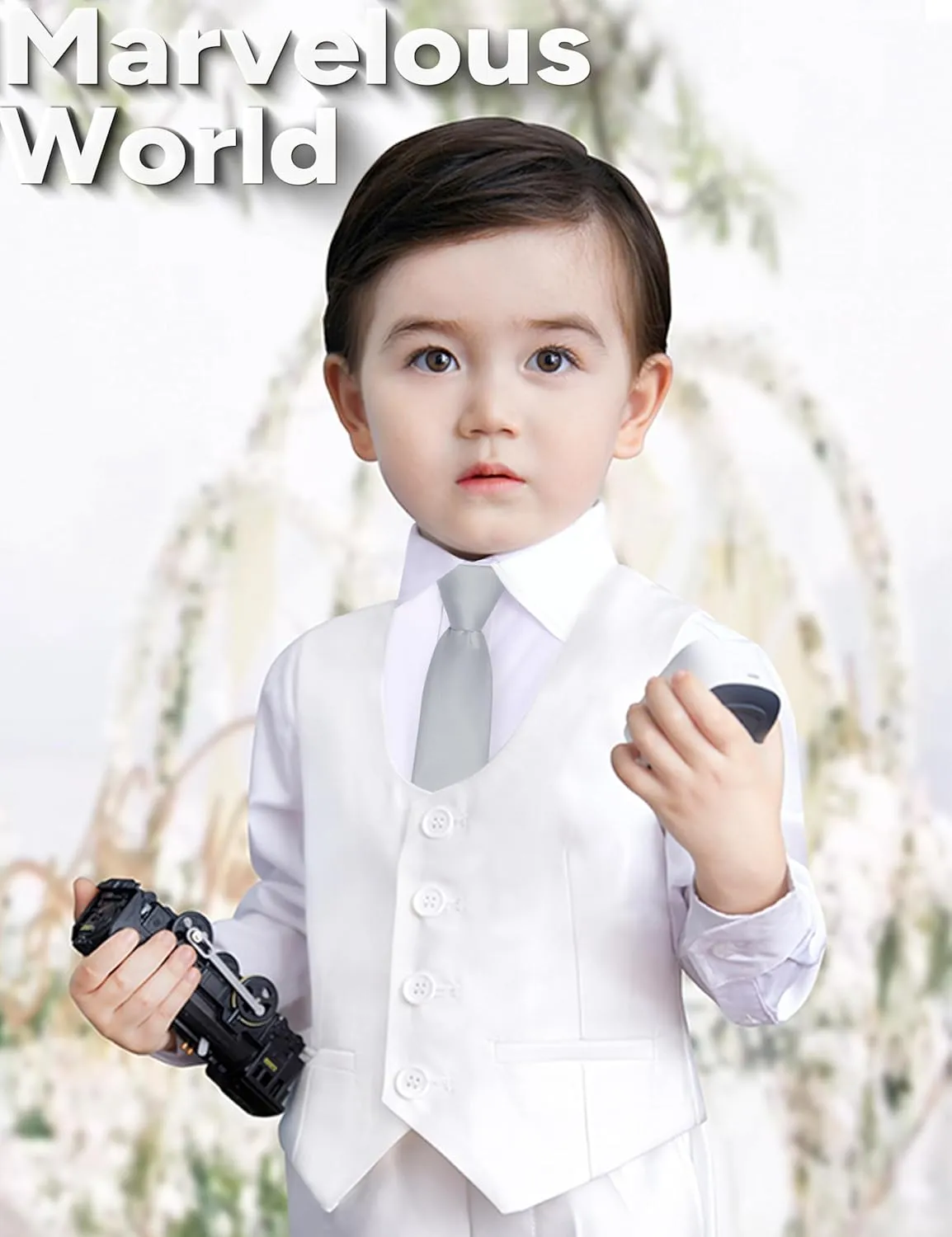 Marvelous World Boys' 5-Piece Formal Vest Suit Set, Vest, Pants, Dress Shirt, Tie and Bowtie