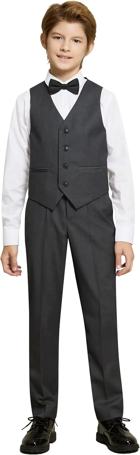 Marvelous World Boys' 5-Piece Formal Vest Suit Set, Vest, Pants, Dress Shirt, Tie and Bowtie