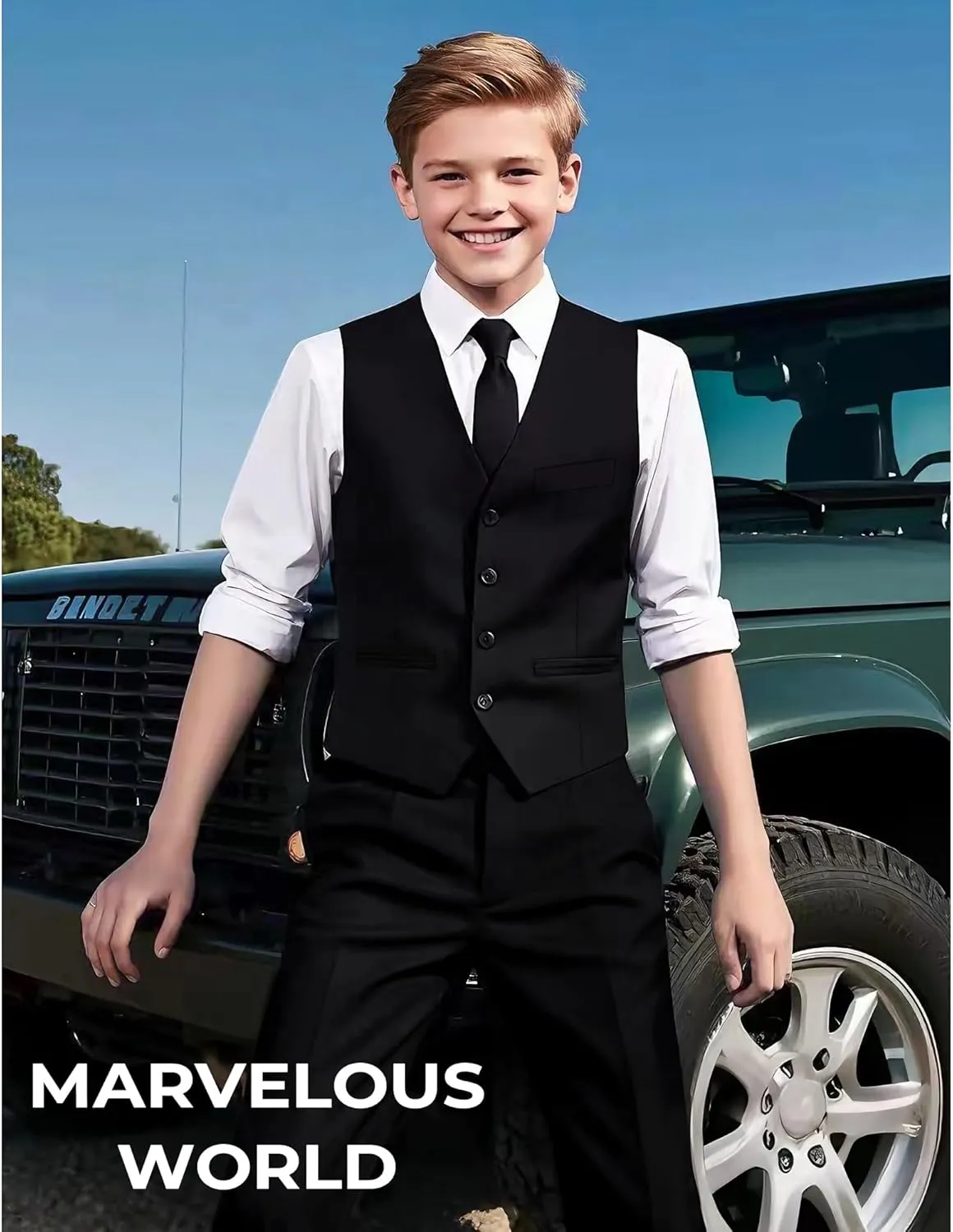 Marvelous World Boys' 5-Piece Formal Vest Suit Set, Vest, Pants, Dress Shirt, Tie and Bowtie