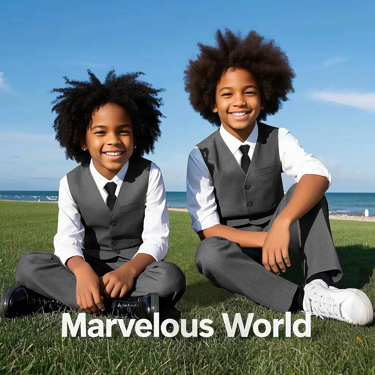 Marvelous World Boys' 5-Piece Formal Vest Suit Set, Vest, Pants, Dress Shirt, Tie and Bowtie
