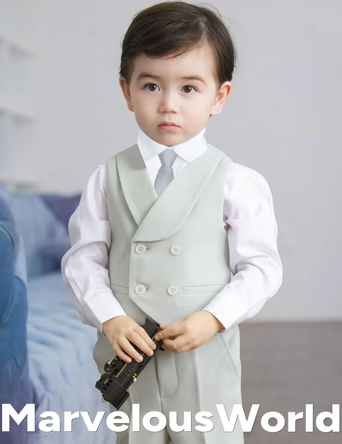 Marvelous World Boys' 5-Piece Formal Vest Suit Set, Vest, Pants, Dress Shirt, Tie and Bowtie