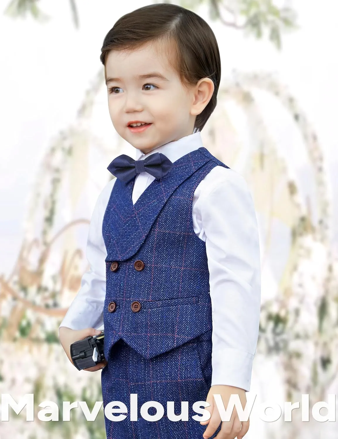 Marvelous World Boys' 5-Piece Formal Vest Suit Set, Vest, Pants, Dress Shirt, Tie and Bowtie