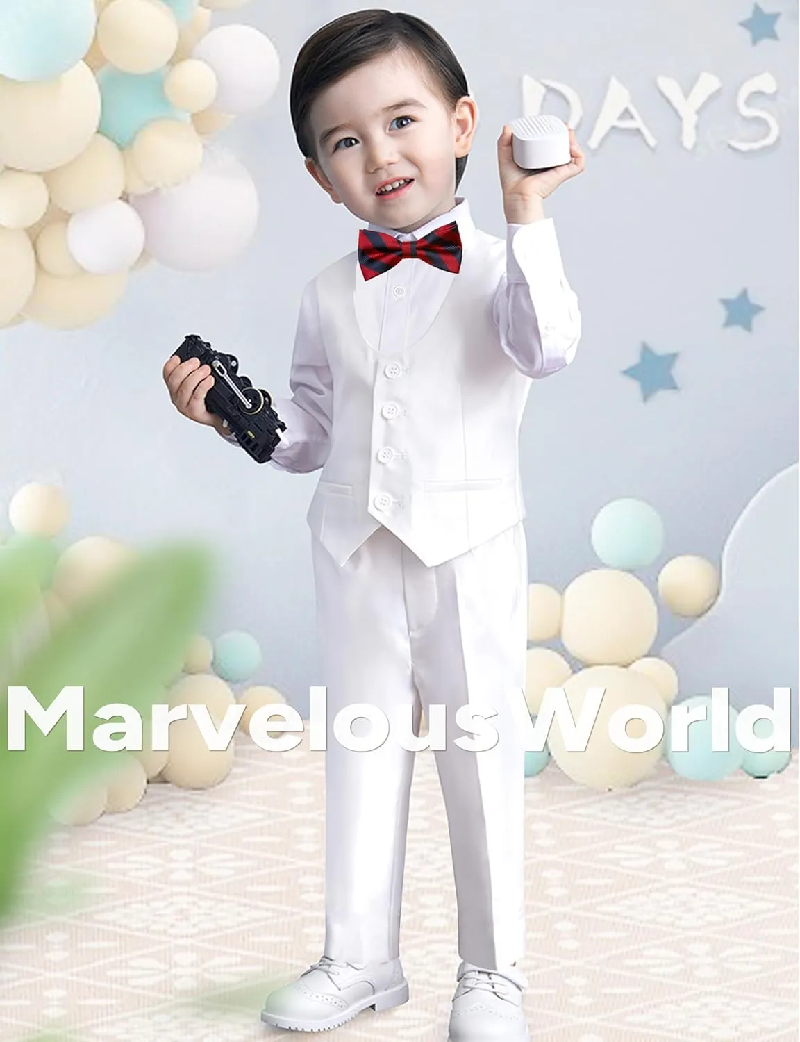 Marvelous World Boys' 5-Piece Formal Vest Suit Set, Vest, Pants, Dress Shirt, Tie and Bowtie