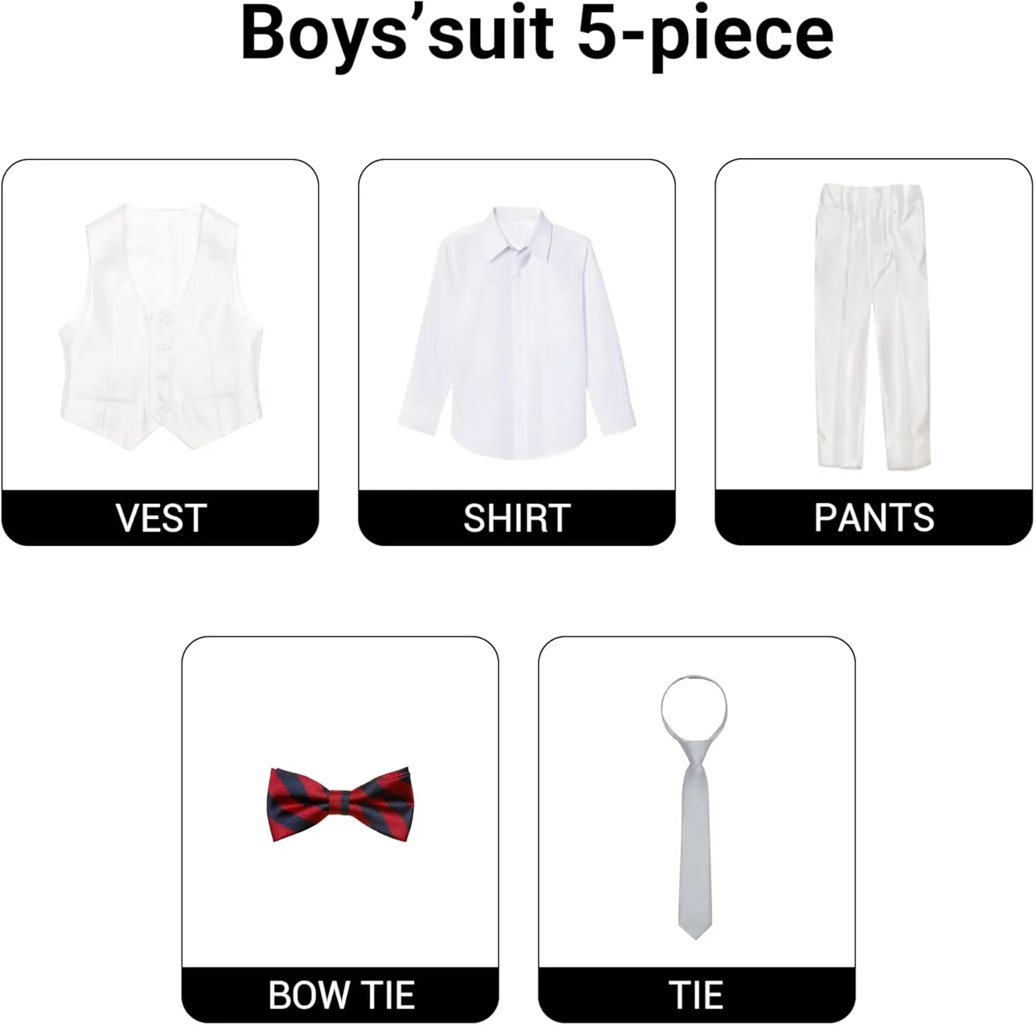 Marvelous World Boys' 5-Piece Formal Vest Suit Set, Vest, Pants, Dress Shirt, Tie and Bowtie