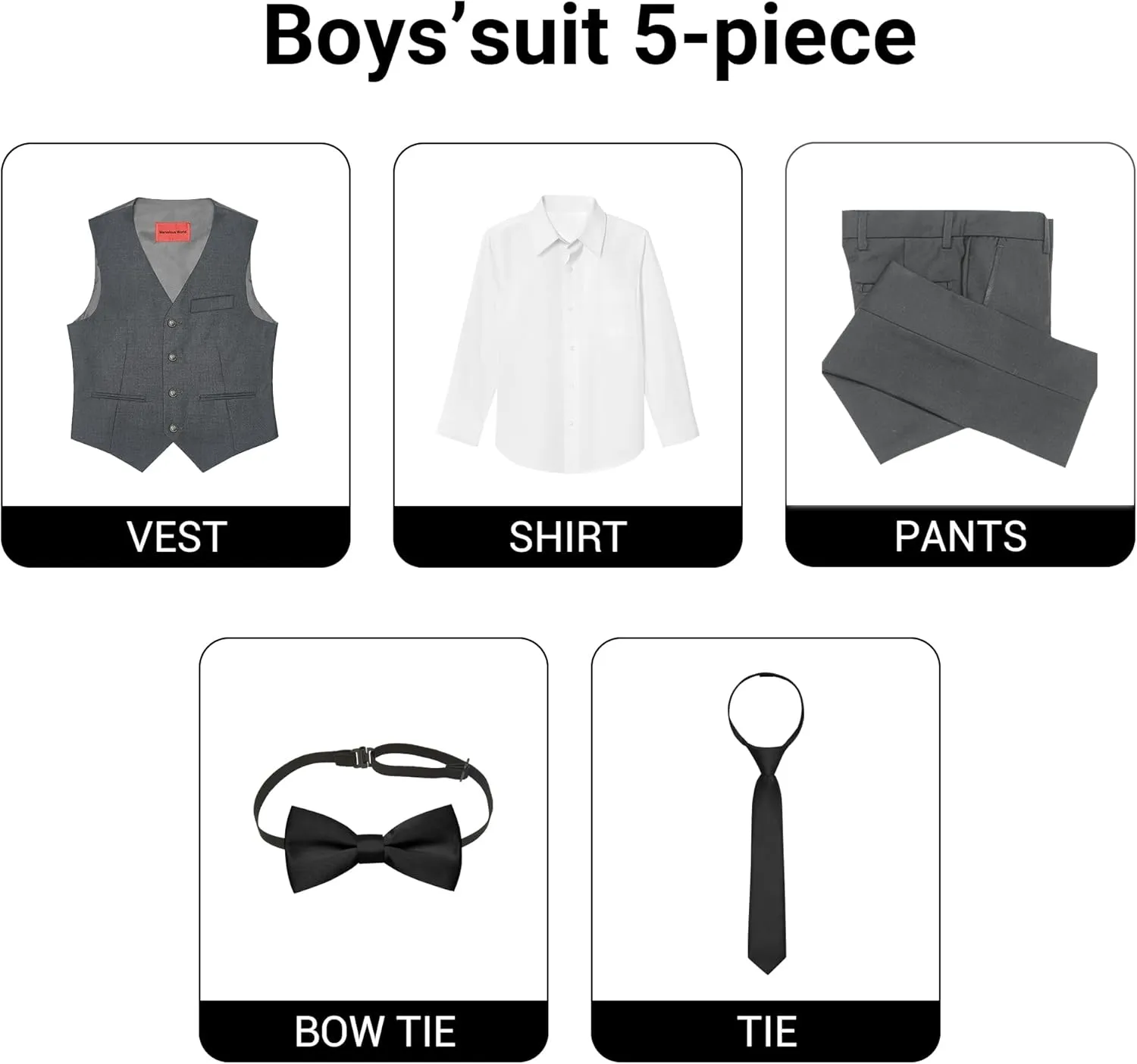 Marvelous World Boys' 5-Piece Formal Vest Suit Set, Vest, Pants, Dress Shirt, Tie and Bowtie