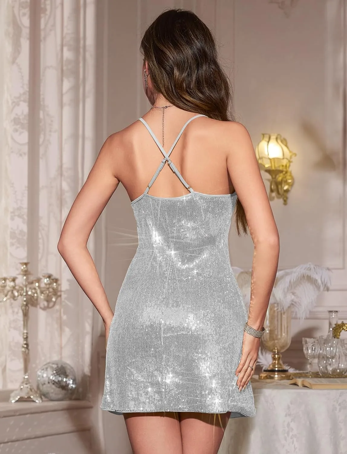 Meetjen Women's Sequin Dress Sparkly V Neck Mini Sexy Club Glitter Spaghetti Strap Sleeveless Night Out Party Dresses
