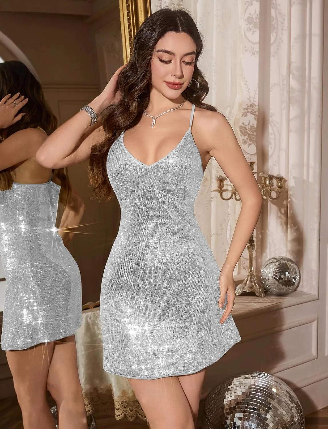 Meetjen Women's Sequin Dress Sparkly V Neck Mini Sexy Club Glitter Spaghetti Strap Sleeveless Night Out Party Dresses