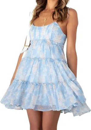 Melliflo Women's Boho Floral Spaghetti Strap Mni Dress Corset Ruffle Hem Flowy Sundress Casual Sleeveless Summer Beach Dress